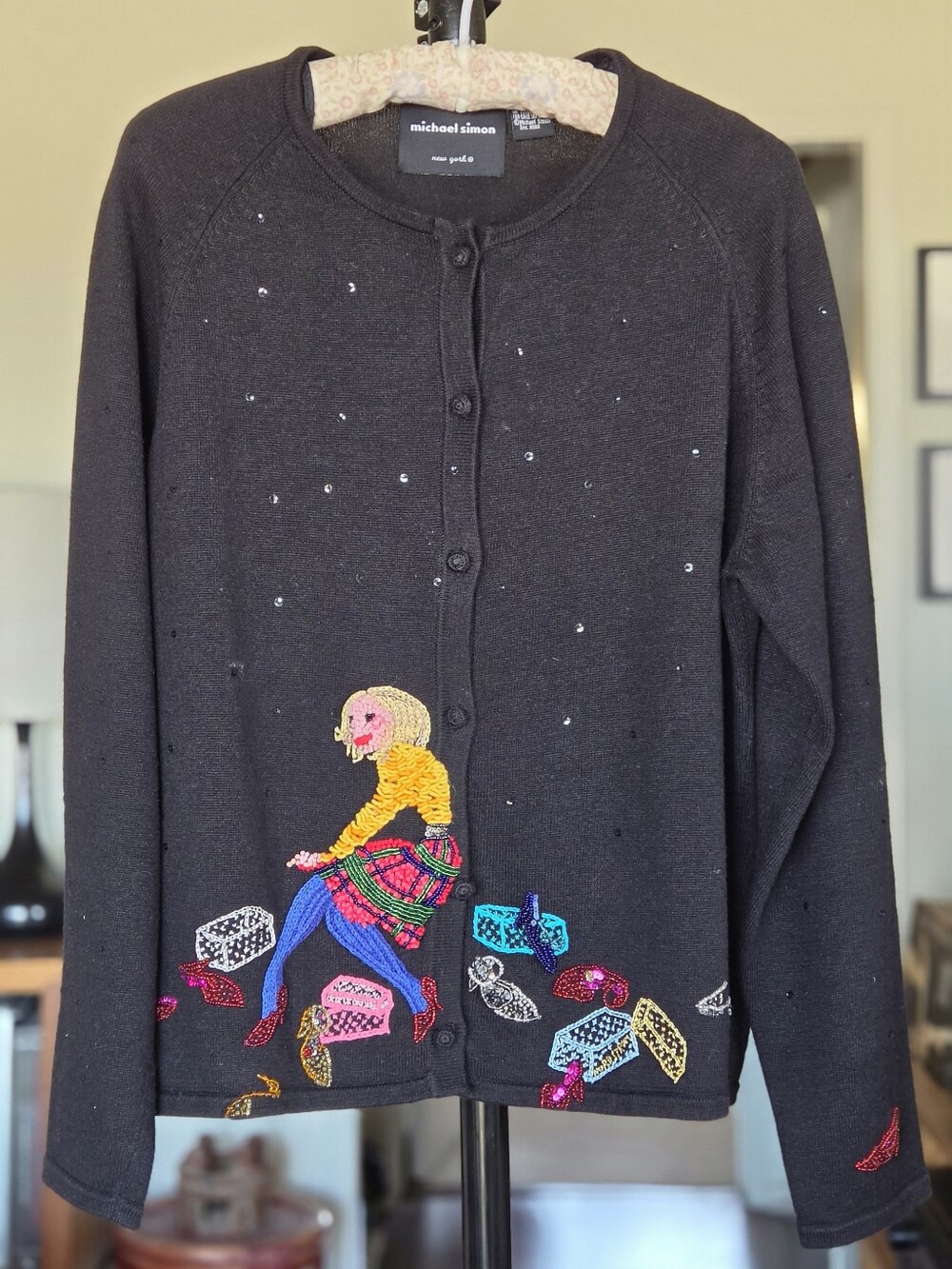 michael simon Vtg Y2K Black Embellished Cardigan Sweater RARE